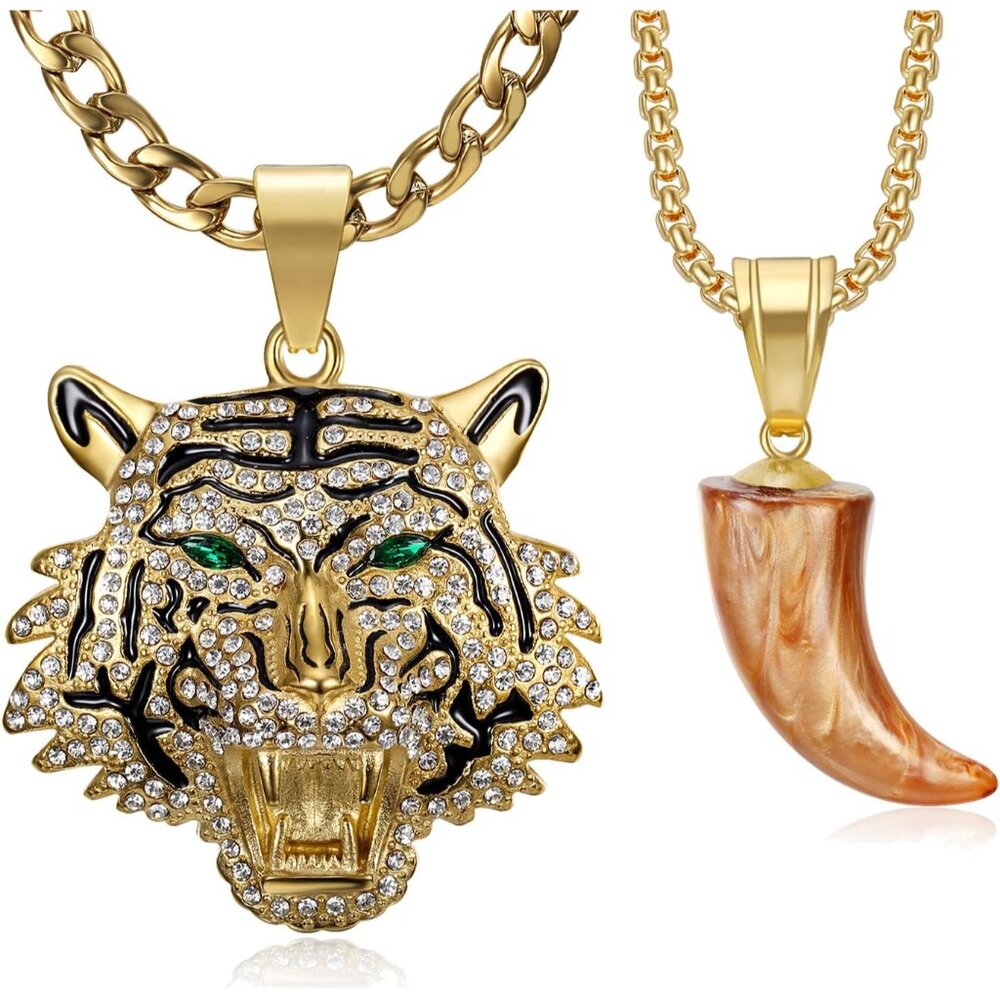 Roaring Tiger Pendant Necklace Stainless Steel Green Red Eyes 24 Inch Chain